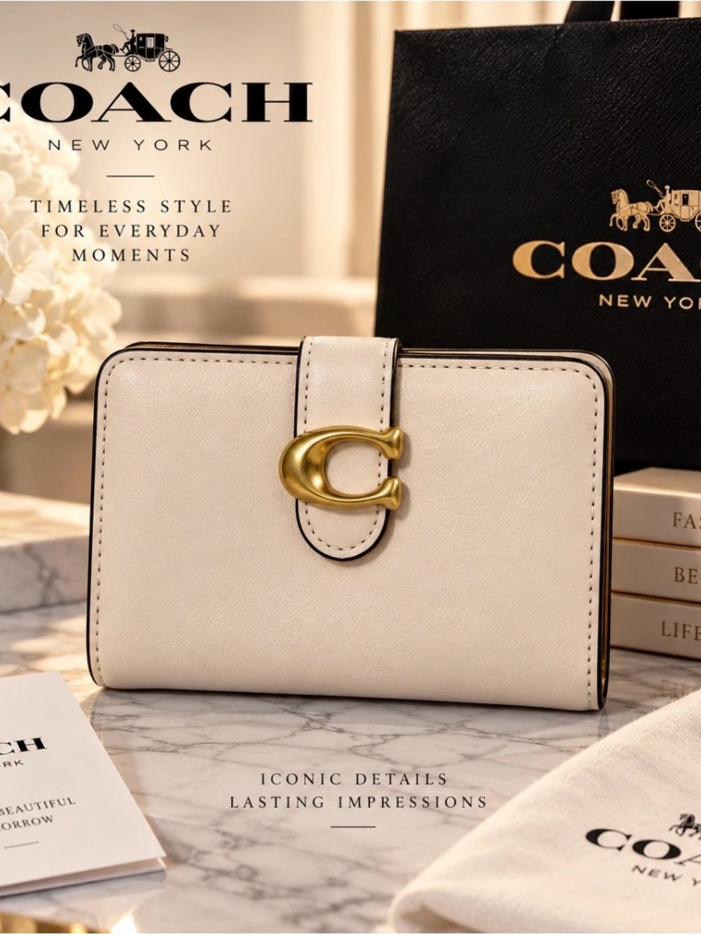 Coach Cream Leather Wallet with Gold 'C' Logo